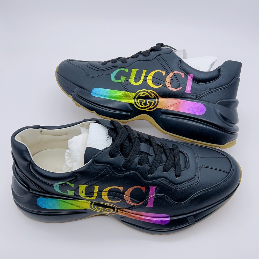 NWT Gucci Women Rhyton Iridescent Black Leather Sneakers Size 40,41 (US 10,11)